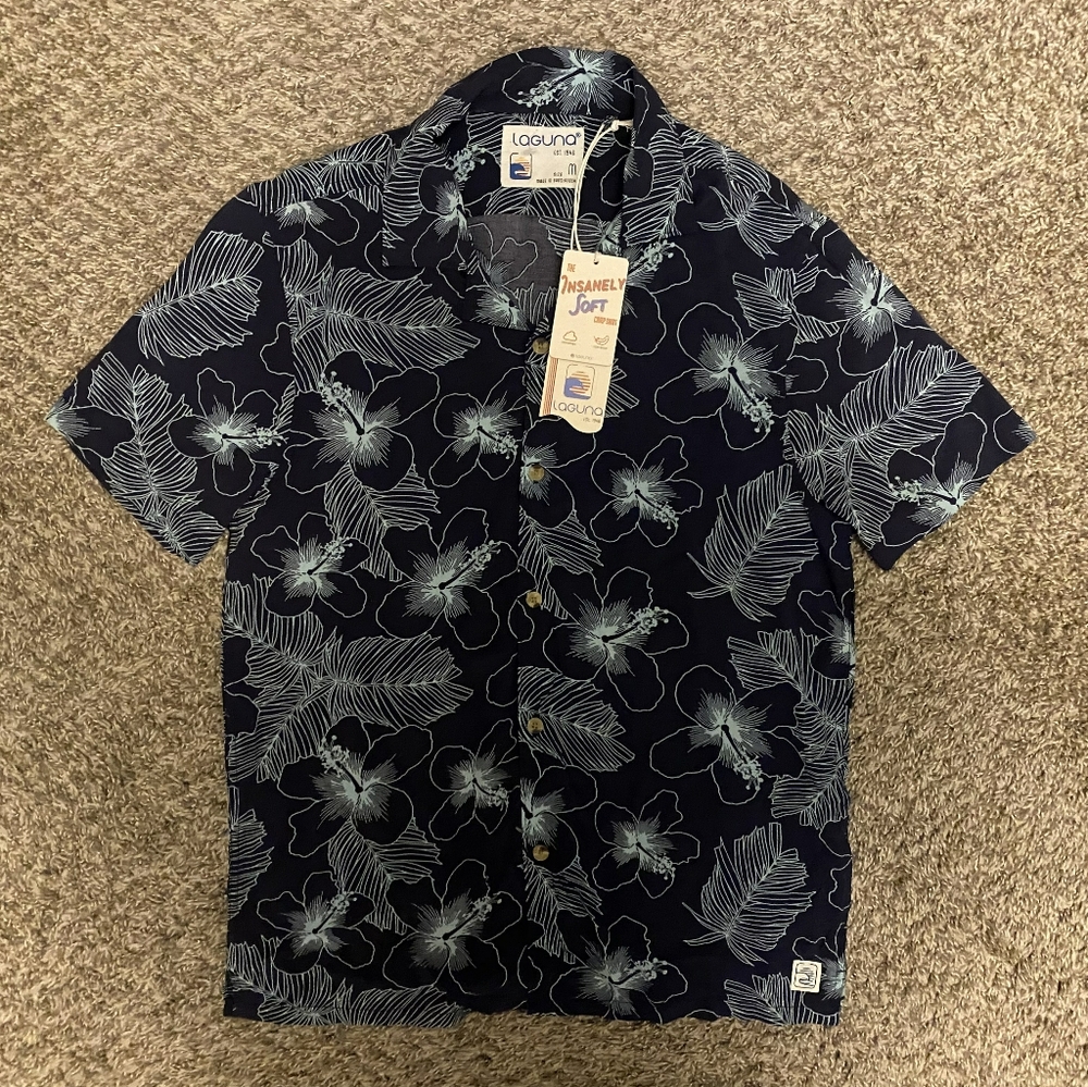 Laguna Men's Hibiscus Camp Collar Navy Blue Combo Short Sleeve Shirt Size M